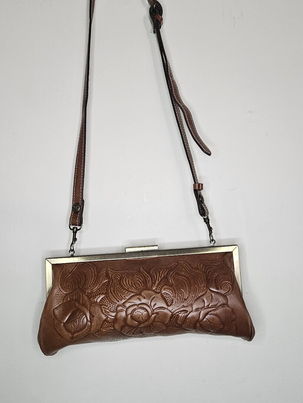 Patricia Nash Ferrara Brown Floral Embossed Leather Crossbody Bag